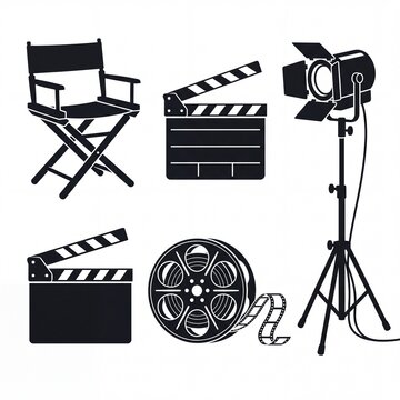 Collection of film production equipment silhouettes vector icons representing cinema and movie industry concepts isolated on white background