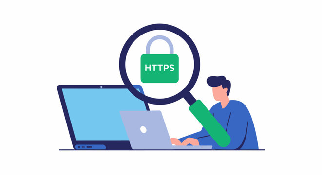 Website Cybersecurity Concept with HTTPS SSL Padlock and Magnifying Glass Illustration - Secure Browsing and Data Protection Concept