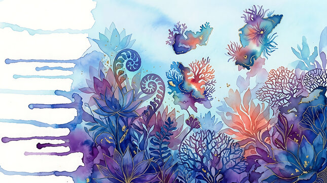 Colorful underwater coral reef scene with tropical fish swimming among vibrant sea plants and corals