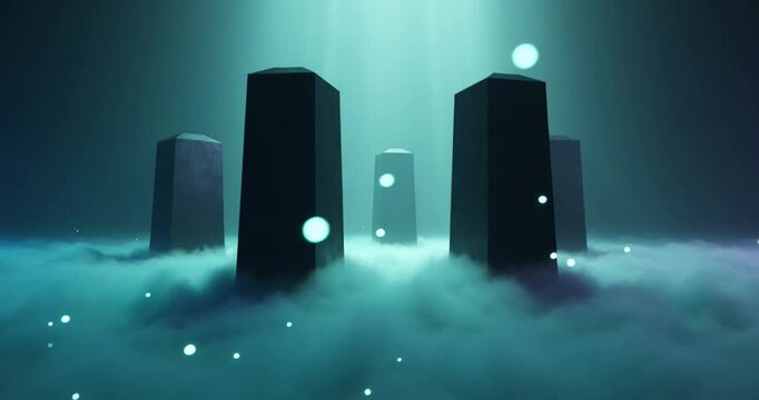 Dark monolith structures stand amidst thick swirling clouds under ethereal light rays in this cinematic 3D digital motion footage for high end visual creative media projects.
