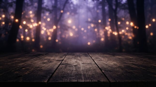 Empty Wooden Table Surface In Magical Forest