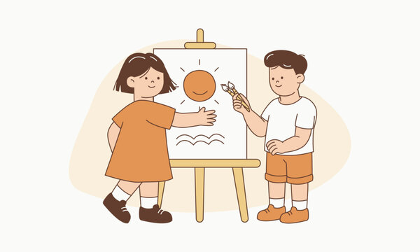 Art of Sharing Children Sharing Paintbrushes to Draw Illustration