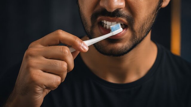 Close Up of Man Brushing Teeth with Toothbrush During Daily Oral Hygiene and Dental Care Routine