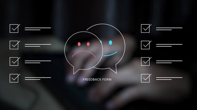 Customer feedback concept showing a smartphone with a digital satisfaction survey interface, online reviews, user experience, customer service, CRM, reputation management, and business improvement.
