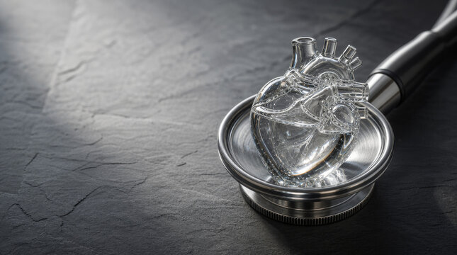 Glass heart on stethoscope chestpiece symbolizing medical care and health