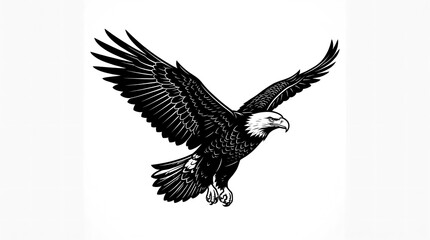 Fototapeta premium Black and white illustration of an eagle in flight, transparent background.