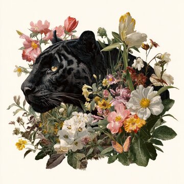 Panther surrounded by vibrant flowers.