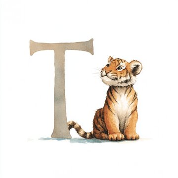 Cute Tiger Cub Letter T Watercolor Illustration Alphabet Animal Character Design