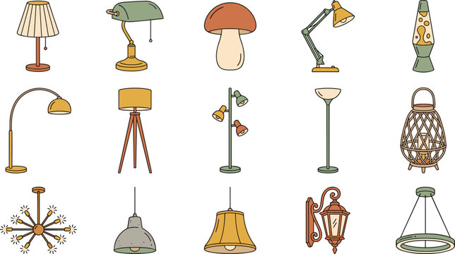 Interior Lighting Lamp Vector Icon Set Featuring Table Lamps Floor Lights Chandeliers Lava Lamps and Pendant Fixtures for Home Decor and Furniture Designs