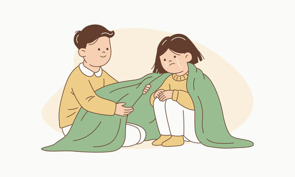 Child Sharing Warm Blanket with Crying Friend Demonstrating Empathy and Kindness Vector