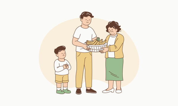 Adult Sharing Healthy Bananas with Elderly Person while Child Observes Illustration