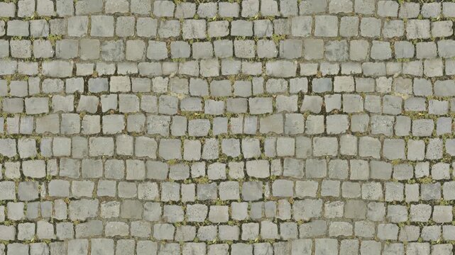 Seamless loop of weathered grey paving stones with green moss texture.