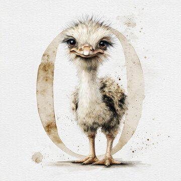Cute Baby ostrich Chick Portrait Watercolor Illustration Wildlife Bird Animal Nature Farmyard Creature