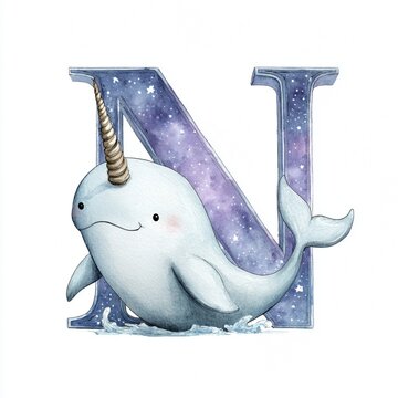 Cute narwhal Whale Swimming Through Galaxy Letter N Illustration Watercolor Art