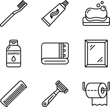 Set of bathroom hygiene and personal care outline icons