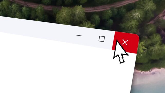 Pixelated Mouse Cursor Clicking On Close Button on Multiple Overlapping Pop Up Browser Windows Symbolizing Malware Attack, Adware Intrusion, Computer Virus Alert, System Error, and Cyber Securit