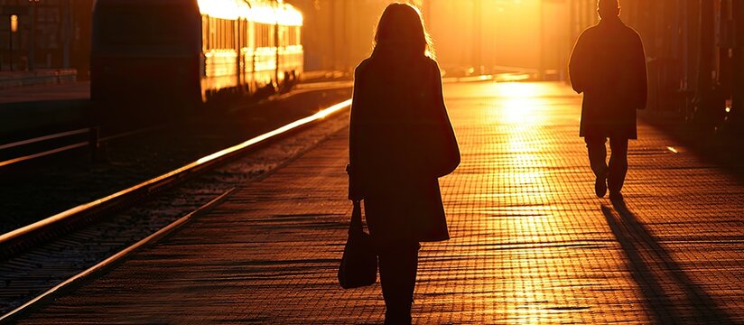 Silhouettes of travelers on a train platform illuminated by a warm, golden sunset