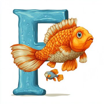 Orange Goldfish Swimming Near Giant Blue Letter F Illustration Cartoon Vector