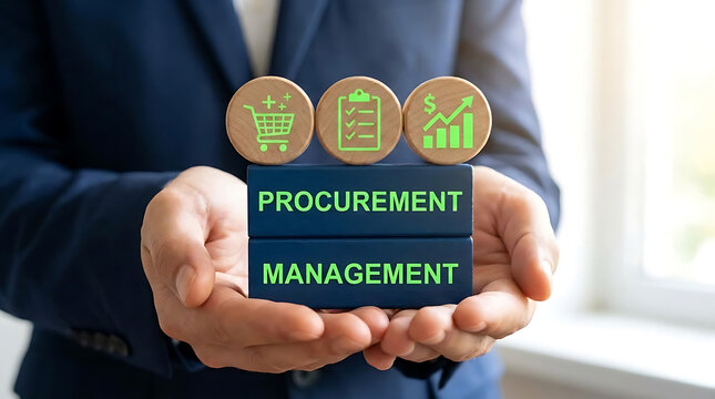 Business Professional Holding Procurement Management Concept with Digital Supply Chain, Strategic Sourcing, Vendor Management and Purchasing Process Icons