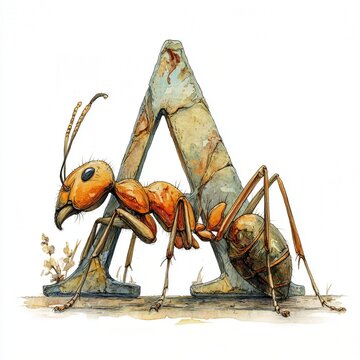 Ant Climbing Giant Letter A Watercolor Illustration Macro Insect Nature Art