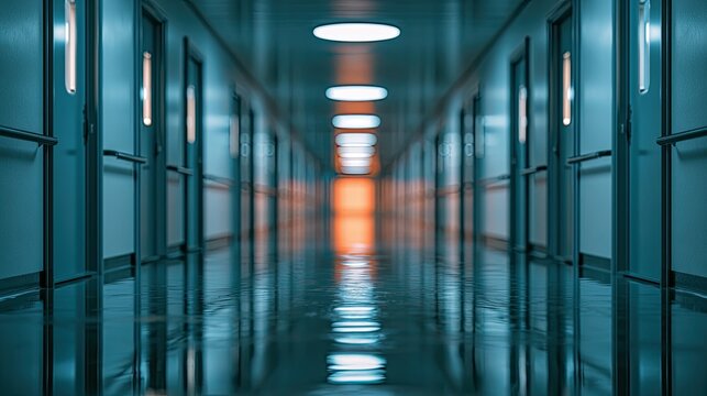 Long, sterile hallway with mirrored floors, uniform doors, and illuminated ceiling panels