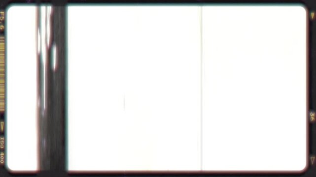 Vintage 35mm film frame overlay featuring a rolling film strip effect, vertical scratches, flickering dust, and subtle chromatic aberration.