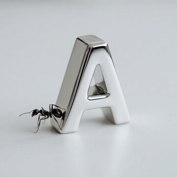 Shiny Chrome Letter A with Ant Macro Shot on White Background