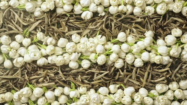  Top view macro video of white jasmine buds and dried tea leaves in pattern with rising steam transitioning into swirling water vortex, traditional tea scenting craft and organic extract background