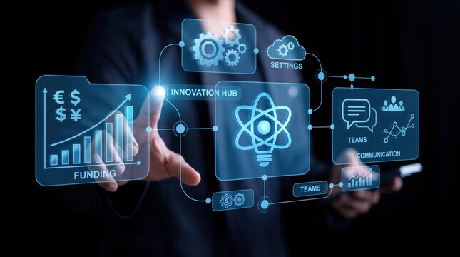 Person interacting with floating holographic interface showing innovation hub lightbulb, funding growth chart and team communication icons, startup entrepreneurship project