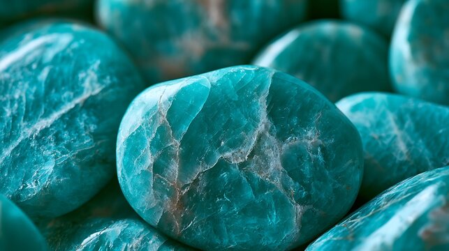 Macro view of polished teal blue amazonite gemstone pebbles.