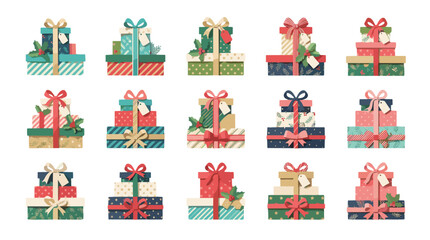 Naklejka premium Collection of colorful gift boxes with ribbons and bows for celebration or holiday presents
