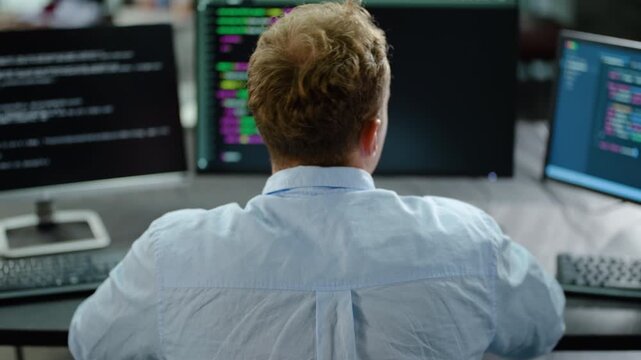 Rear view of caucasian male software developer programming code on multiple computer monitors in a office. The IT professional types data, focusing on cybersecurity, web design, and tech innovation.