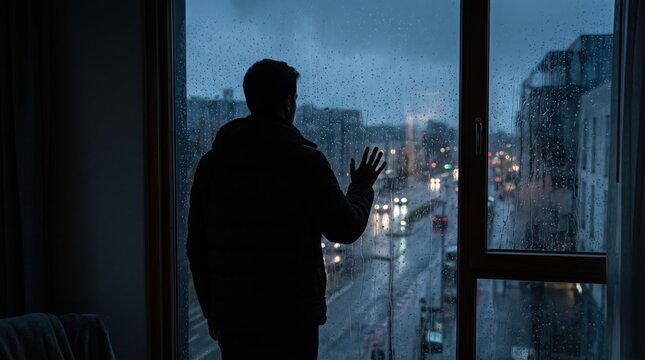Silhouette of a man standing by window looking at rainy city street at night, loneliness and sadness, depression mood, urban isolation feeling, gloomy weather atmosphere
