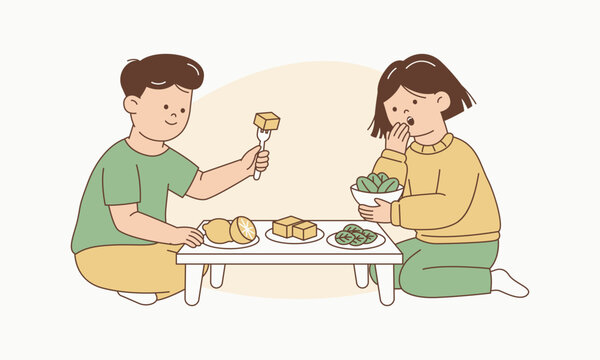 Children Sharing Tastes of Different Flavored Foods to Share Sensory Experience Vector