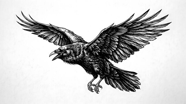 Black raven with outstretched wings in an aggressive pose, detailed feather illustration with textured background.