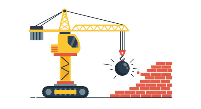 Wrecking Ball Crane Demolishing Brick Wall Vector Illustration - Construction and Renovation Concept