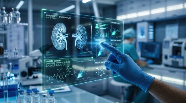 Medical scientist analyzing kidney cortex and vasculature on futuristic holographic display in laboratory, genomic markers and patient profile data visualization