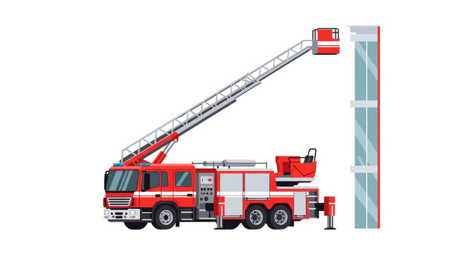 Red Fire Truck with Extended Hydraulic Ladder and Aerial Platform Reaching High Building for Rescue Mission, Vector Illustration Isolated on White Background