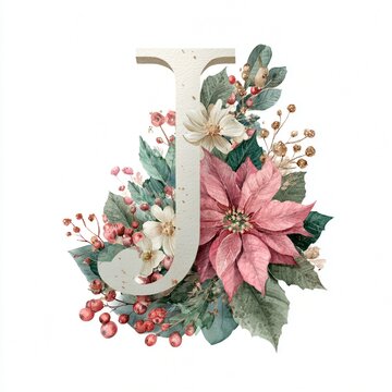Elegant Floral Initial J Monogram Watercolor Botanical Christmas Greeting Design