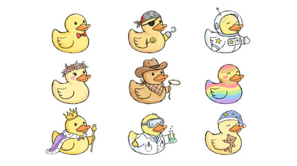 Fototapeta premium Collection of cute cartoon duck characters in various costumes and playful poses