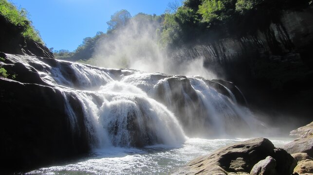 Midsummer noon sunlight giant waterfall at Chishui Guizhou 4A danxia scenic