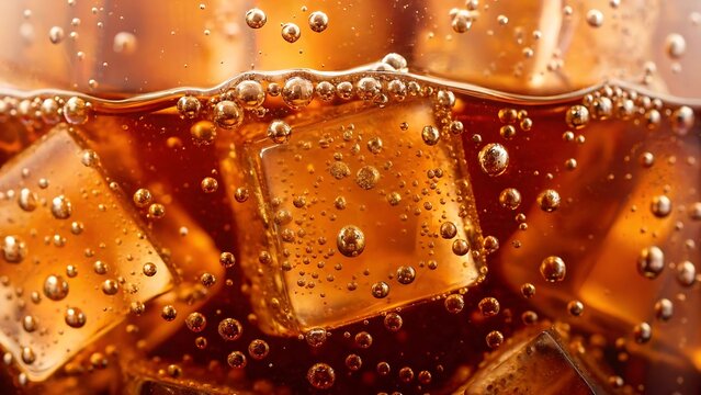 Refreshing carbonated cola soft drink background with floating ice cubes and fizzy bubbles in glass