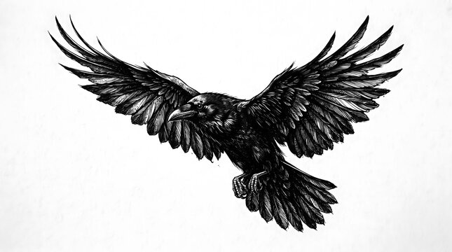 Black raven captured in dynamic flight with wings fully spread, detailed feather texture.