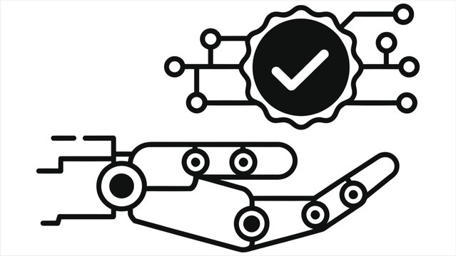 AI Recommendation Engine Vector Concept with Robotic Hand Presenting Approved Checkmark Icon and Circuit Connections Symbolizing Artificial Intelligence Quality and Machine Learning System
