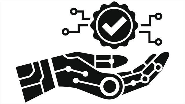 AI Recommendation Engine Vector Concept with Robotic Hand Holding Verified Approved Quality Badge and Circuit Tech Line Art Icon