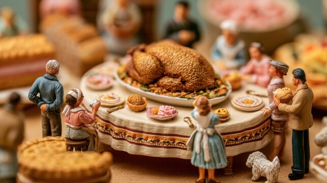 Small figures gather around a tiny table filled with food, celebrating thanksgiving with a warm scene and festive colors.