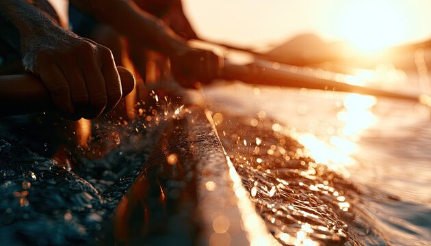 Rowing team in sync, oarlocks slicing water at sunrise