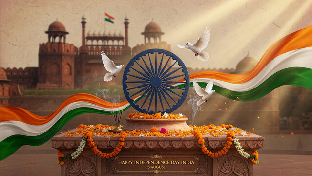 Happy independence day india banner with waving flag and chakra