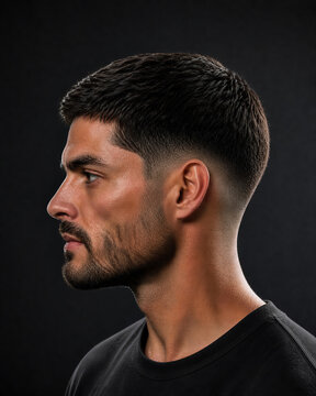 Modern crew cut hairstyle for men with short faded sides and a slightly longer textured top. Clean, stylish barber haircut ideal for grooming, fashion, salon, and barbershop concepts.