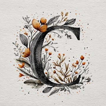 Elegant Flourishing Initial C Monogram Botanical Lettering Design Vintage Floral Art
